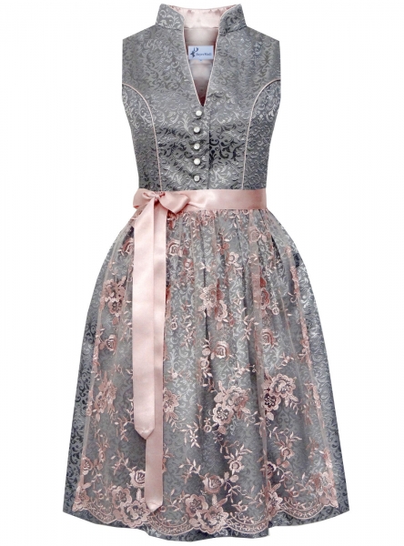 Dirndl midi 60 cm Weiltingen grau hochgeschlossen mit rosa Spitzenschürze Bayer Madl