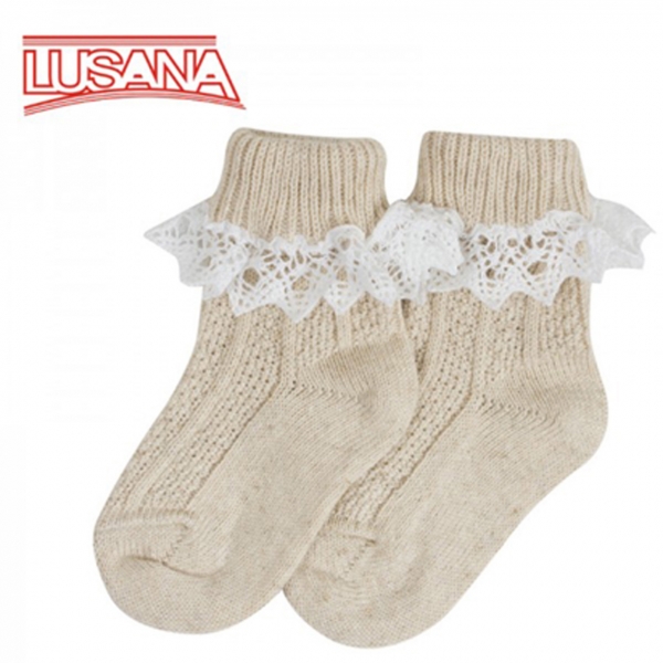 Kinder Trachtensocken beige Spitzenrand Lusana