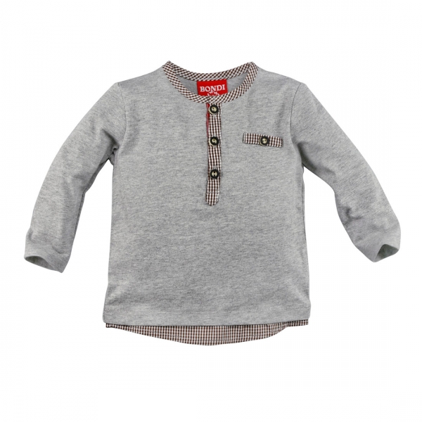 Kinder T-Shirt Westerngrund Gipfelkraxler grau melange mit Knopfleiste Langarm Bondi