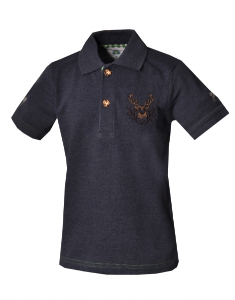 Kinder Trachten Poloshirt Trachtenshirt Hohenpolding jeansblau Hirschstickerei Isar Trachten